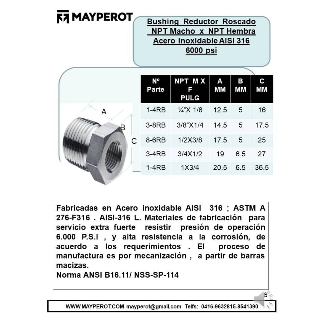 Bushing Roscado Reductor Npt Hembra X Macho Npt Psi